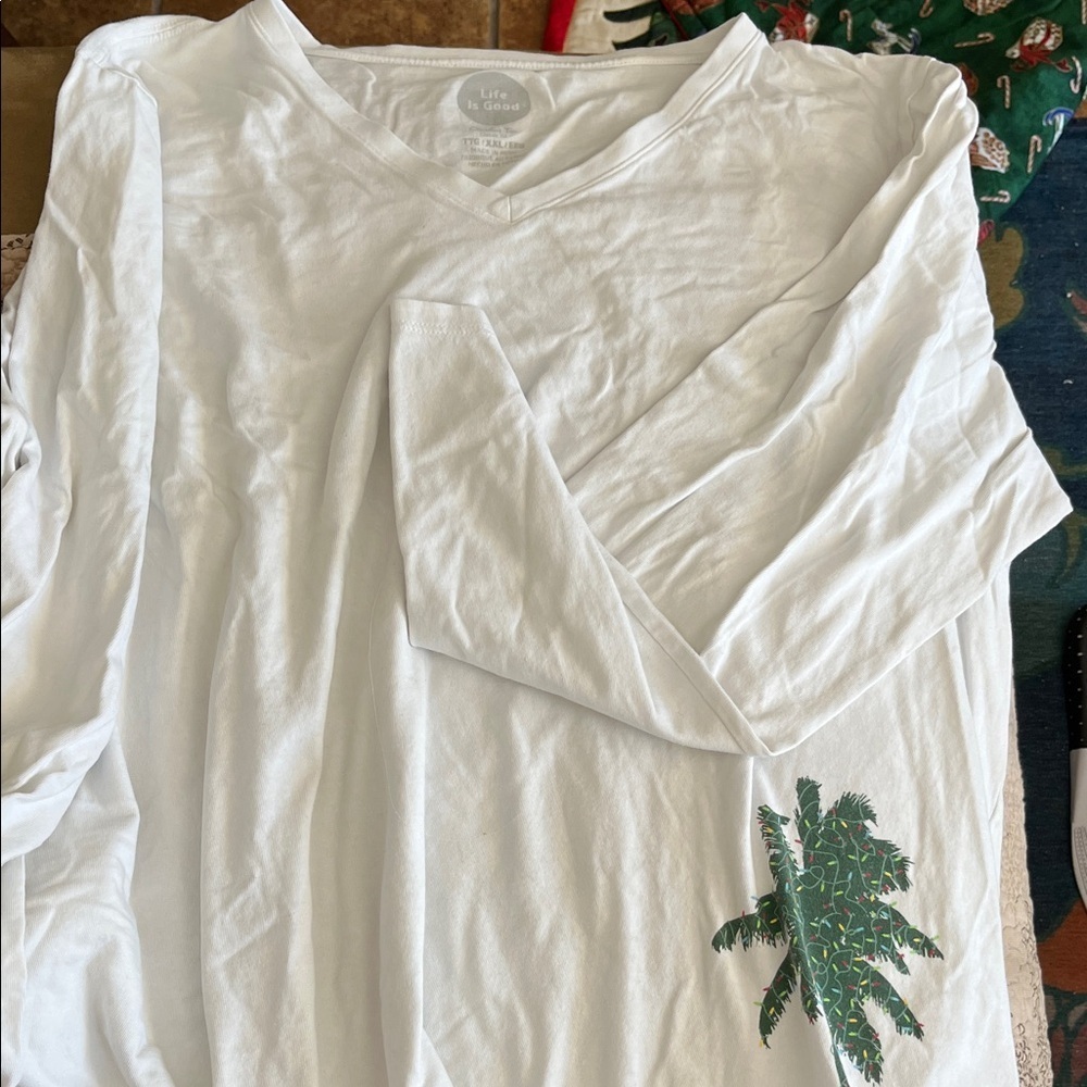 White V-Neck Long Sleeve Shirt with Palm Tree Design